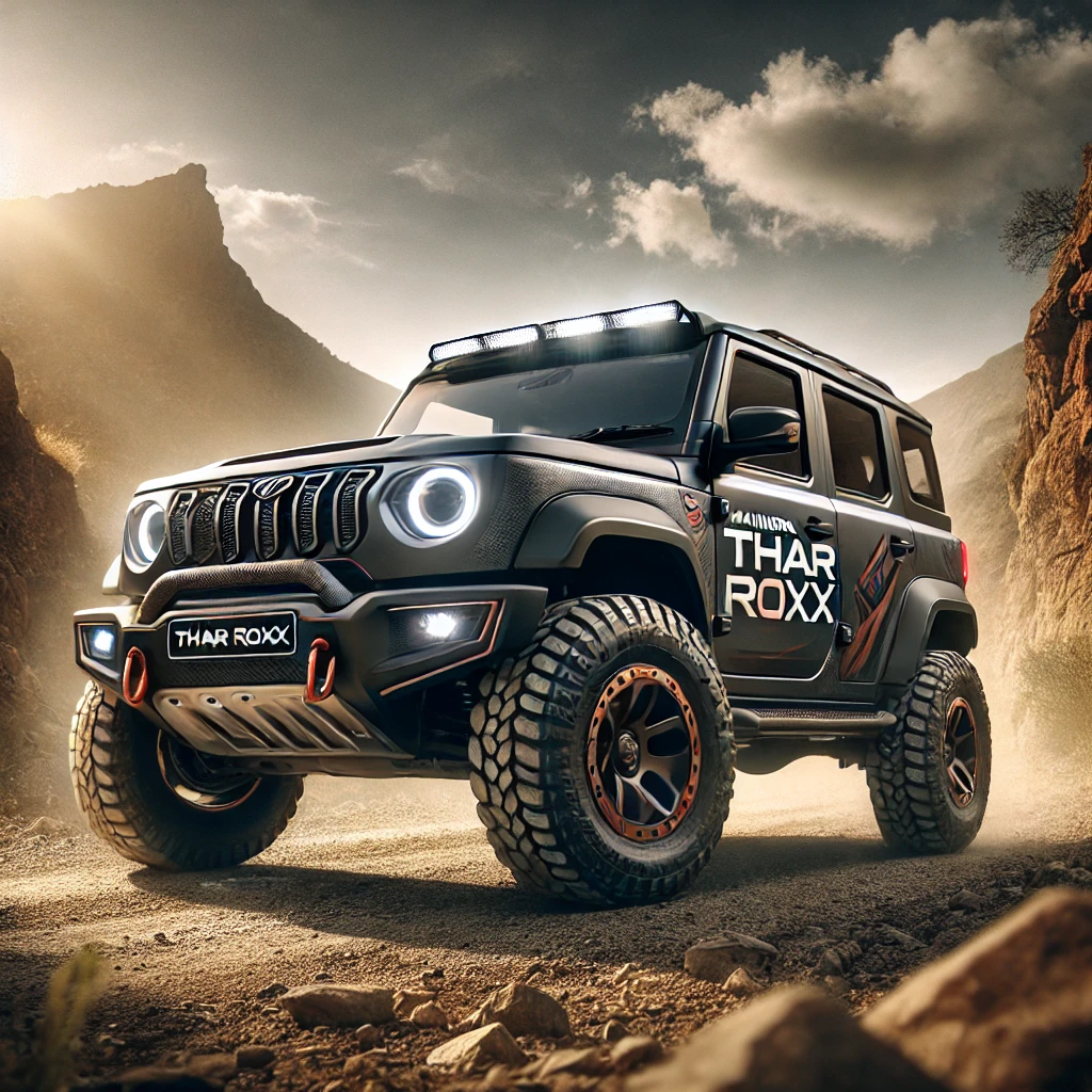 Rugged Mahindra Thar Roxx SUV set in an adventurous, off-road landscape